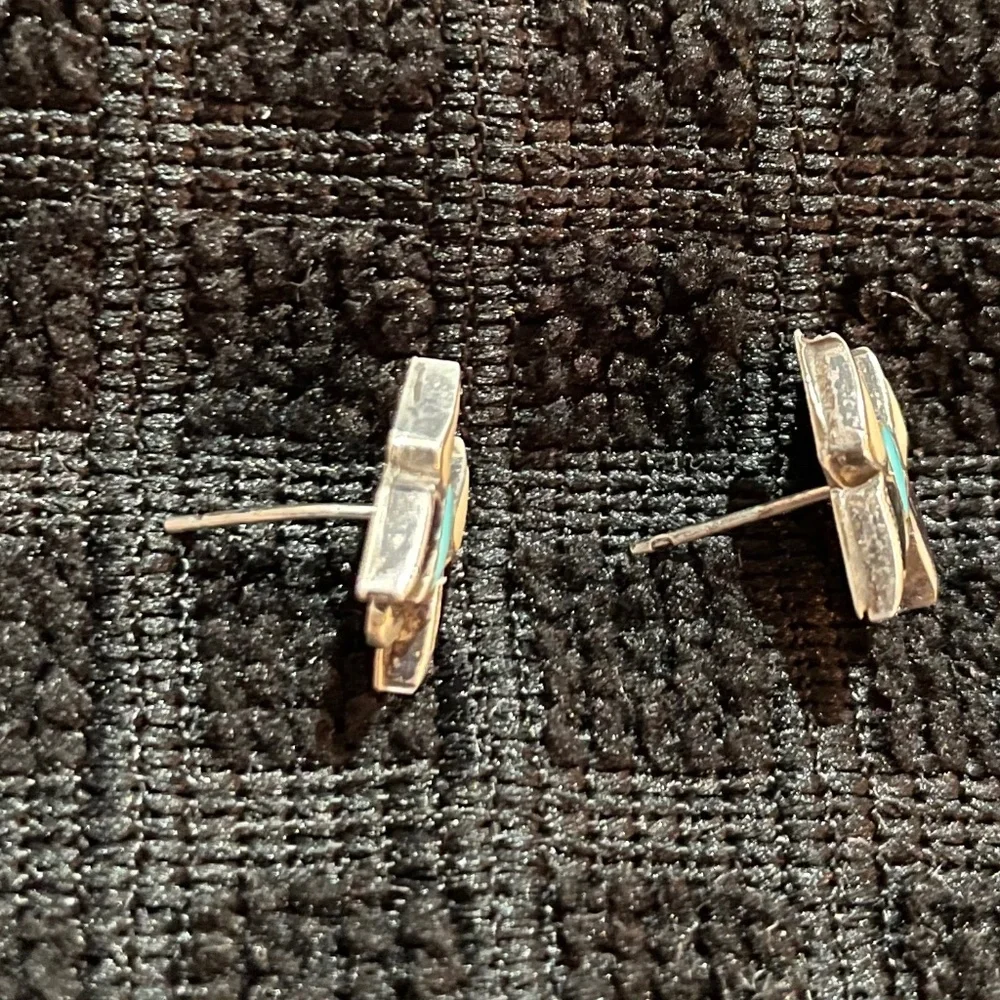 Vintage Zuni Silver Inlay Turquoise/Onyx/Mother of Pearl Butterfly Earrings - Picture 6 of 6